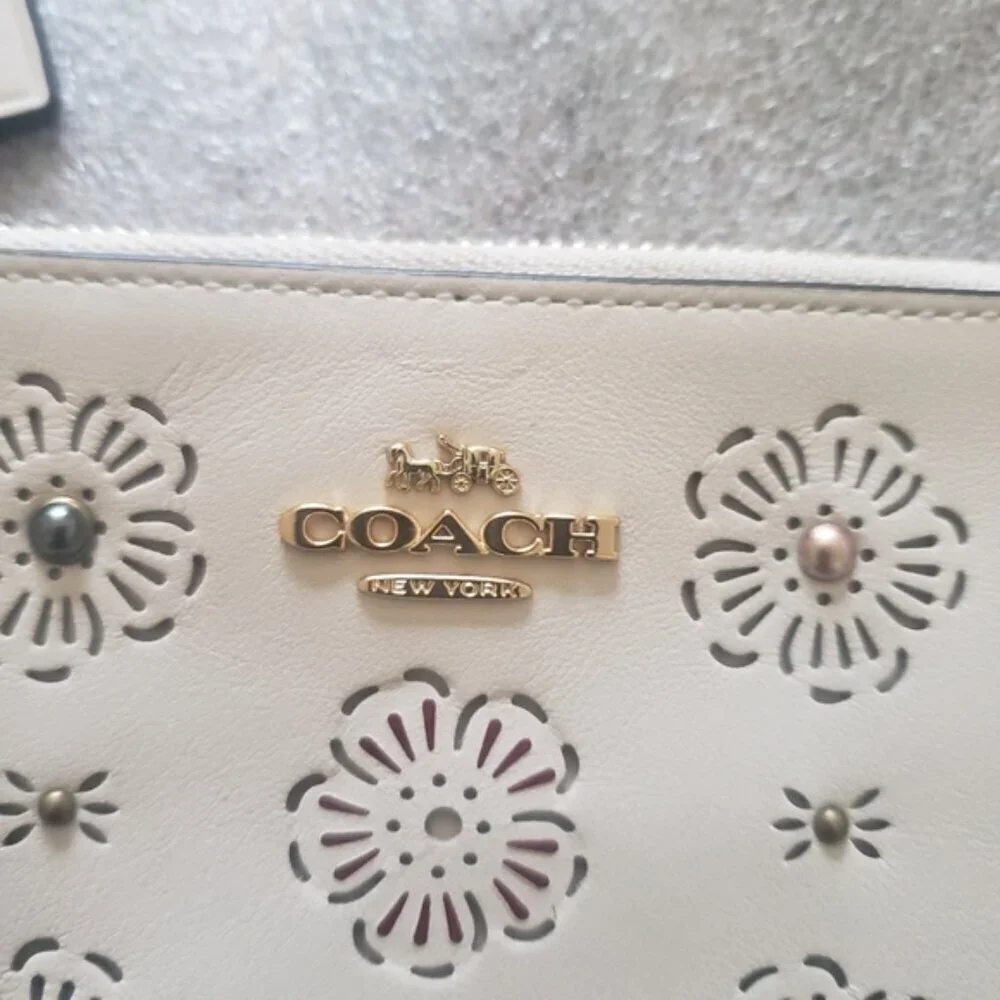 Coach White Leather Wristlet with Cut Out Tea Rose